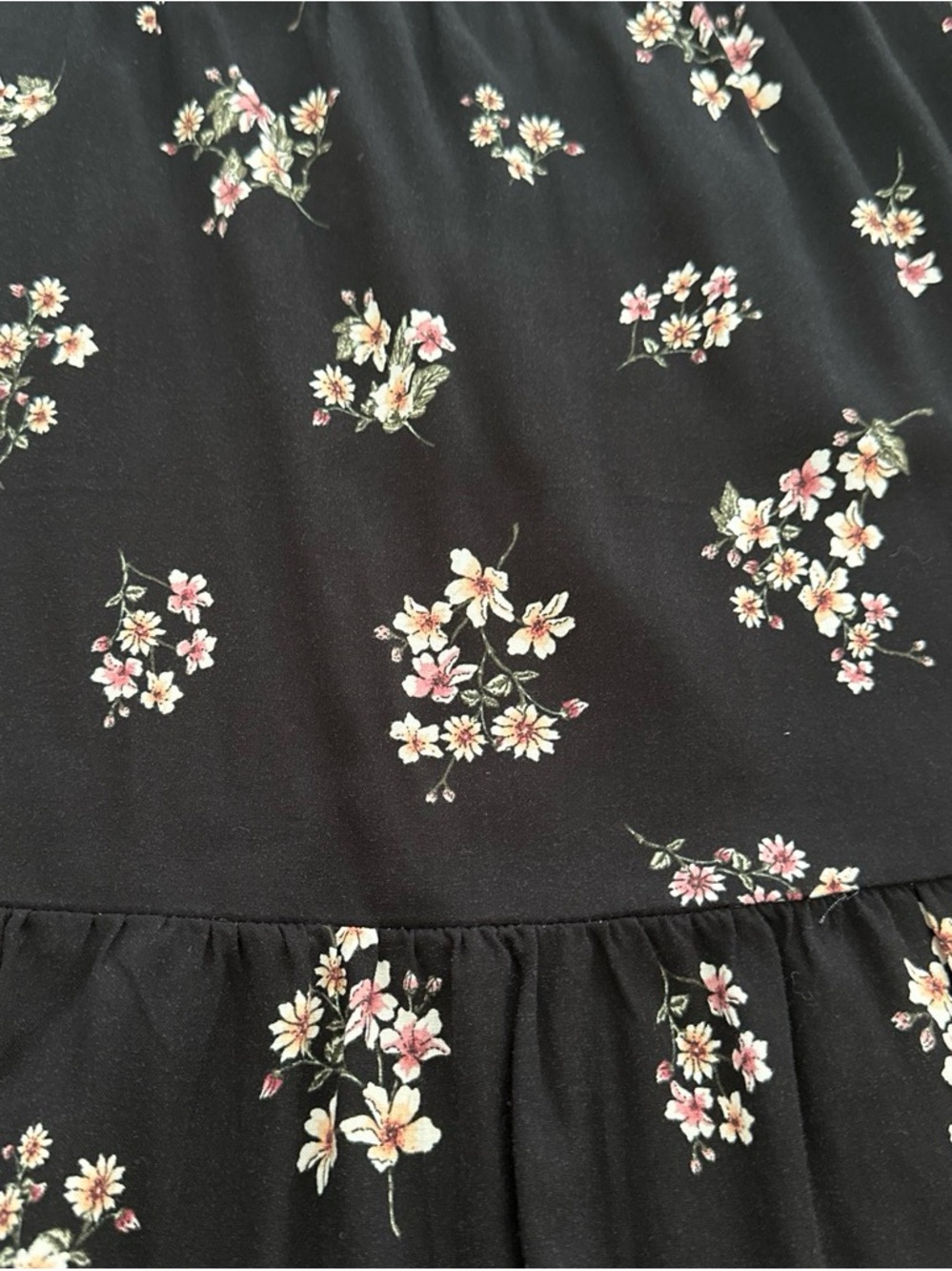 Pink Rose Black Floral Tiered Maxi Skirt with Pink & White Blooms - Picture 3 of 3